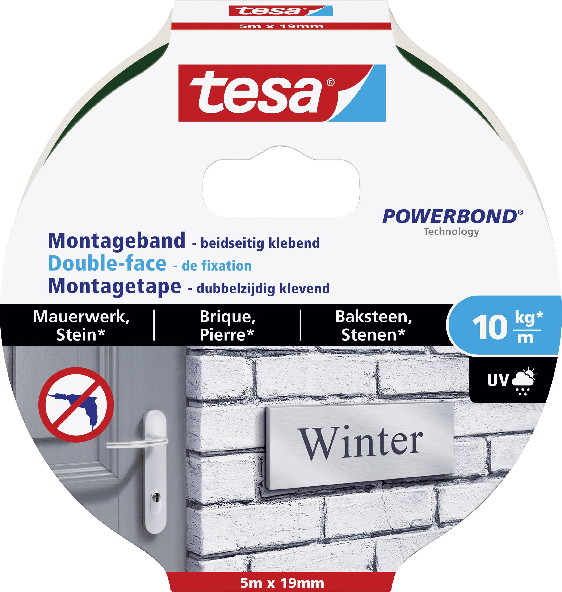 Tesa Mounting Tape with 'Powerbond' Technology. 10 kg/m holding power, double-sided adhesive. Suitable for masonry, stone. 5 m x 19 mm.