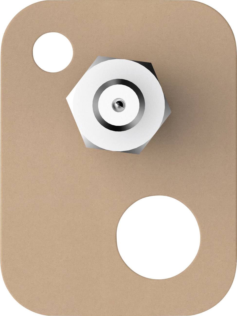 Brown rectangular panel with rounded corners shows two round holes and a central, protruding hexagonal button.