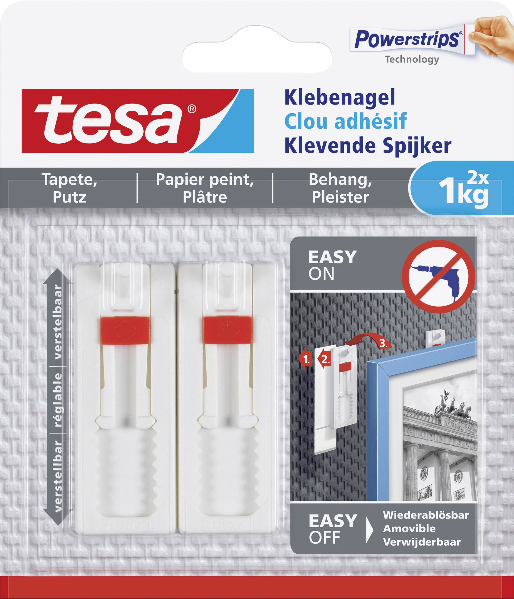 'Adhesive fixture with 1 kg load capacity' on the packaging of tesa adhesive nails for wallpaper and plaster. Instructions show simple installation.