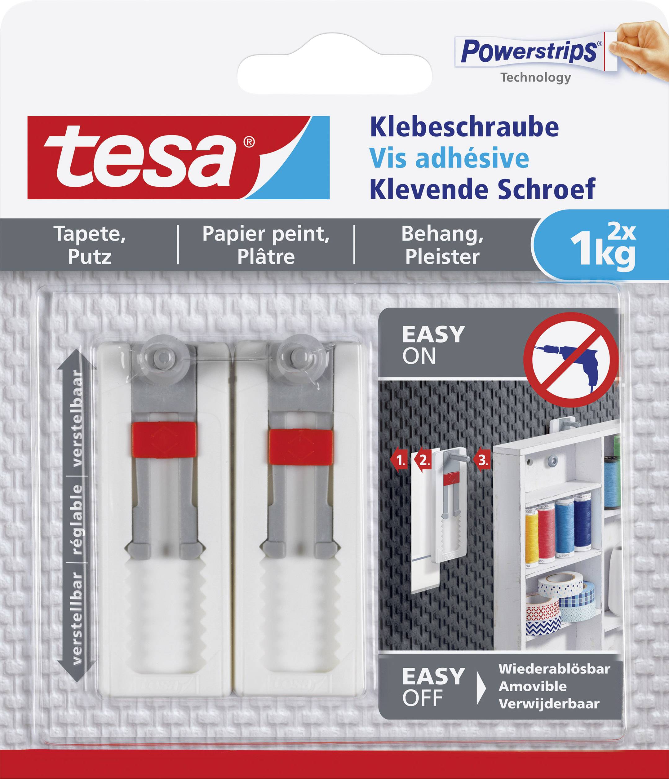 Packaging for Tesa Adhesive Screw for Wallpaper and Plaster, load-bearing up to 1 kg. Suitable for easy installation and removal without leaving residue.