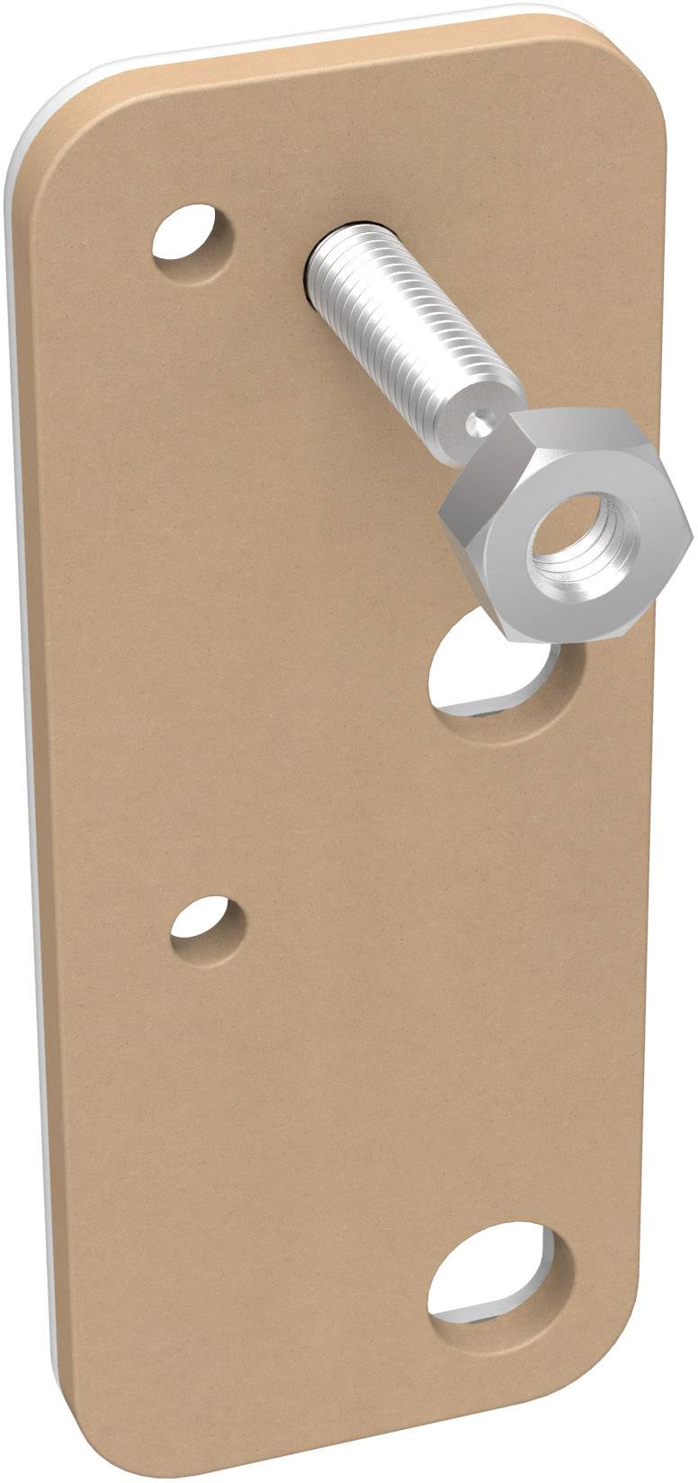 Metal plate with several rounded holes and a protruding threaded bolt with nut.