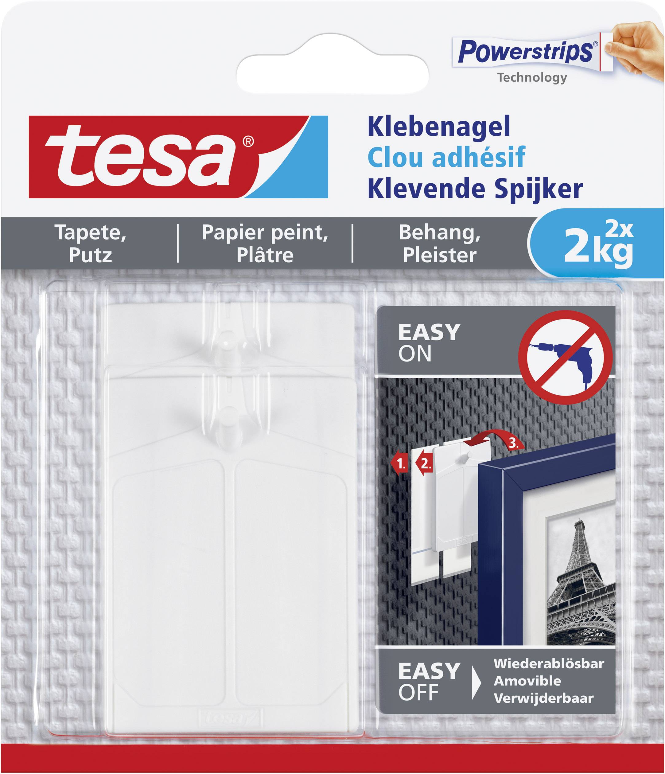 Tesa adhesive strips, suitable for wallpaper and plaster, capable of supporting up to 2 kg. Packaging shows an example application with a frame.
