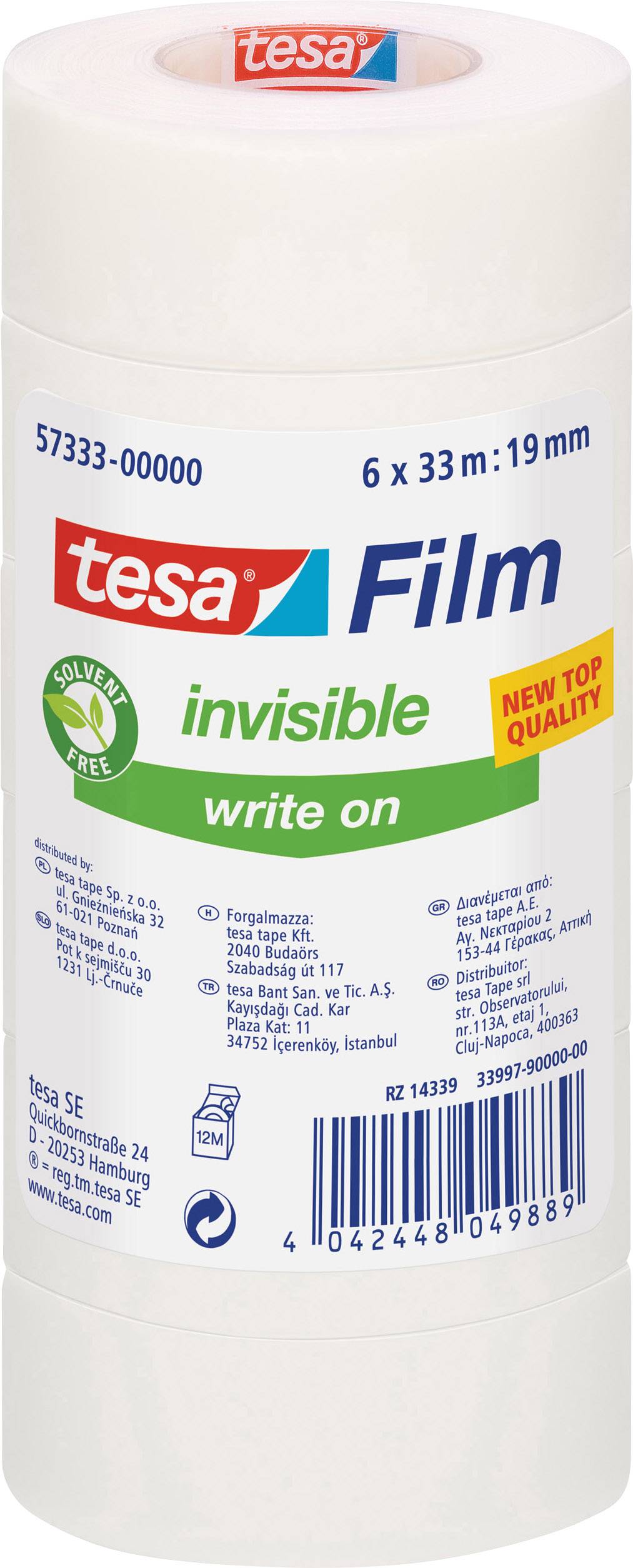 A pack of Tesa Invisible Sticky Tape, 6 rolls, 33 m x 19 mm, suitable for labelling, solvent-free.