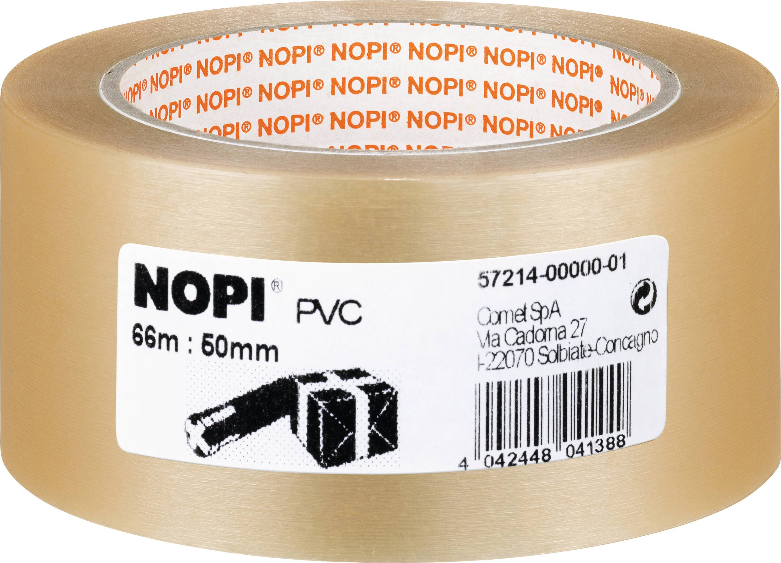 Clear packaging tape roll by 'NOPI' brand, 66 metres long, 50 mm wide, with label and barcode.