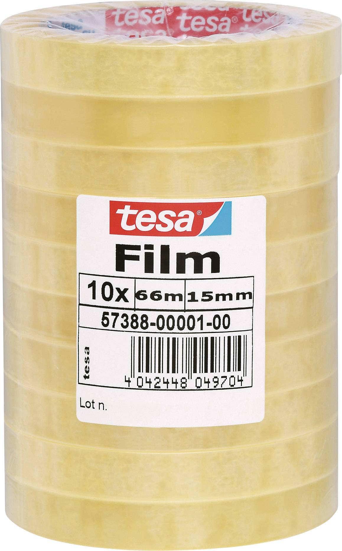 A stack of ten transparent Tesa adhesive tape rolls. Each roll is 66 metres long and 15 millimetres wide.