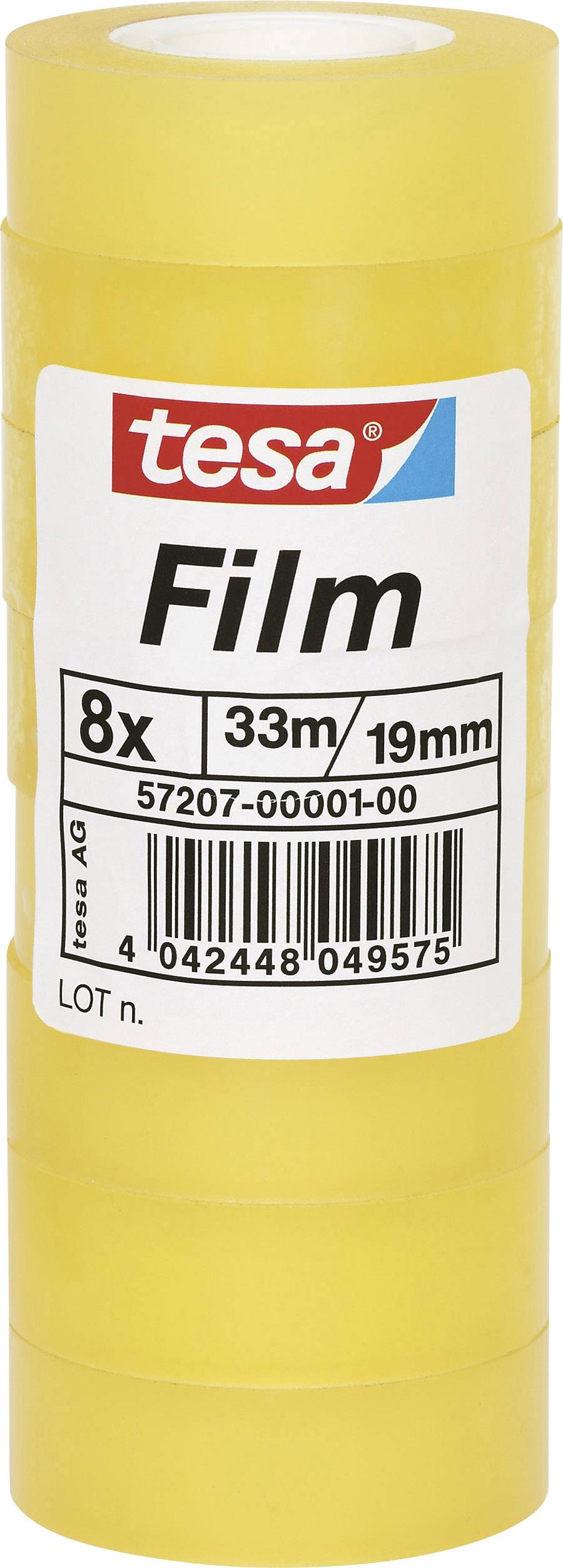 A pack of eight rolls of 'tesa' adhesive tape, each 33 metres long and 19 millimetres wide, with EAN code visible.