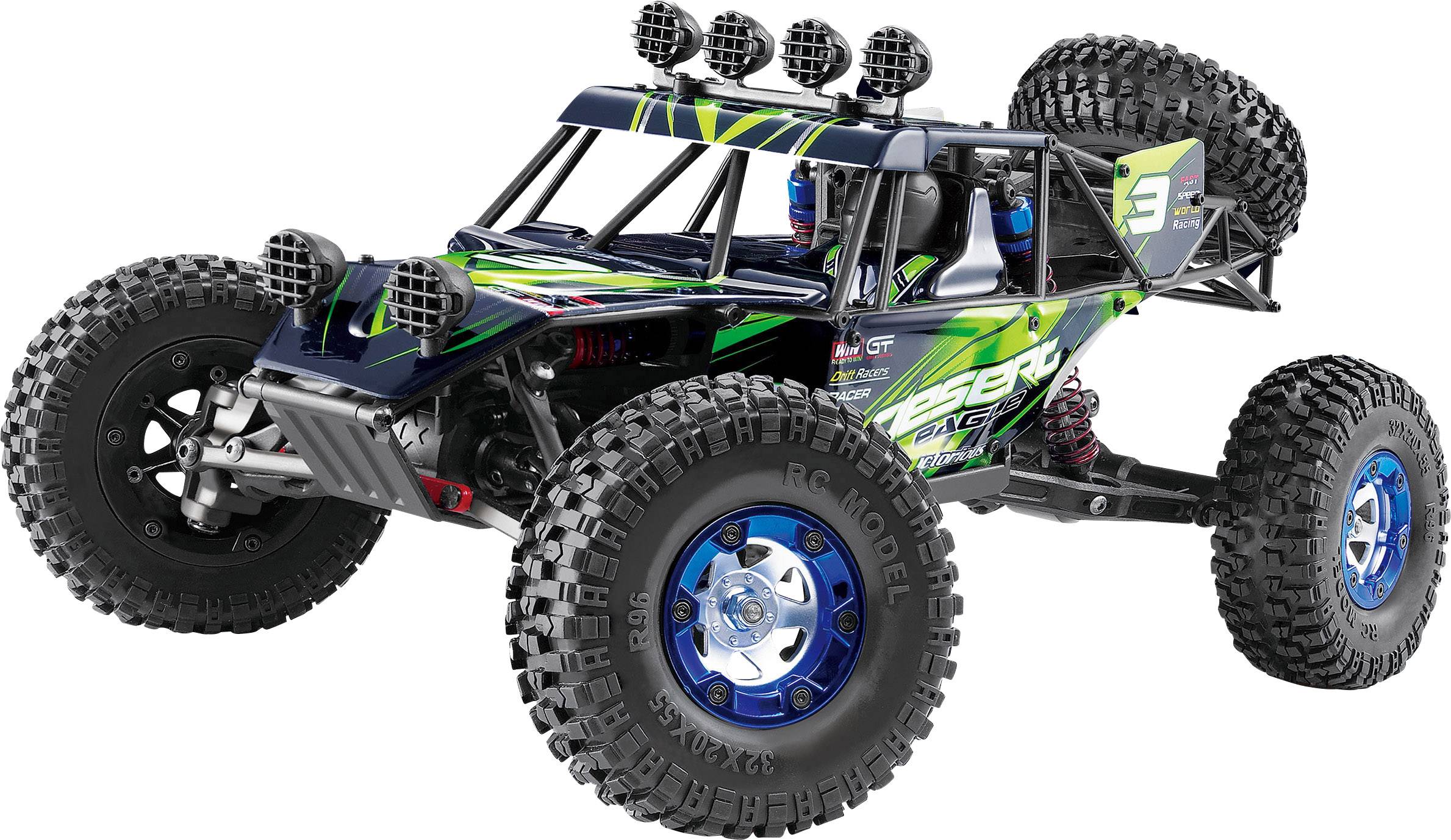 A remote-controlled off-road car with rugged tyres and a colourful, racing car-like design, perfect for uneven terrain.