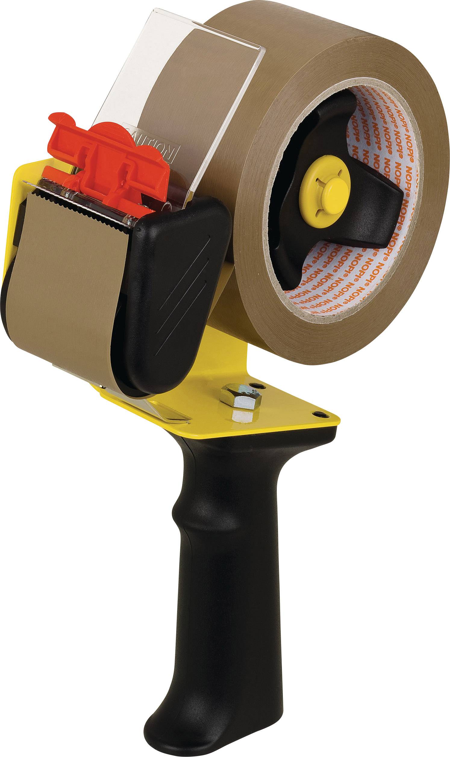Hand-held tape dispenser with a black handle and yellow body, holding a brown roll of adhesive tape.