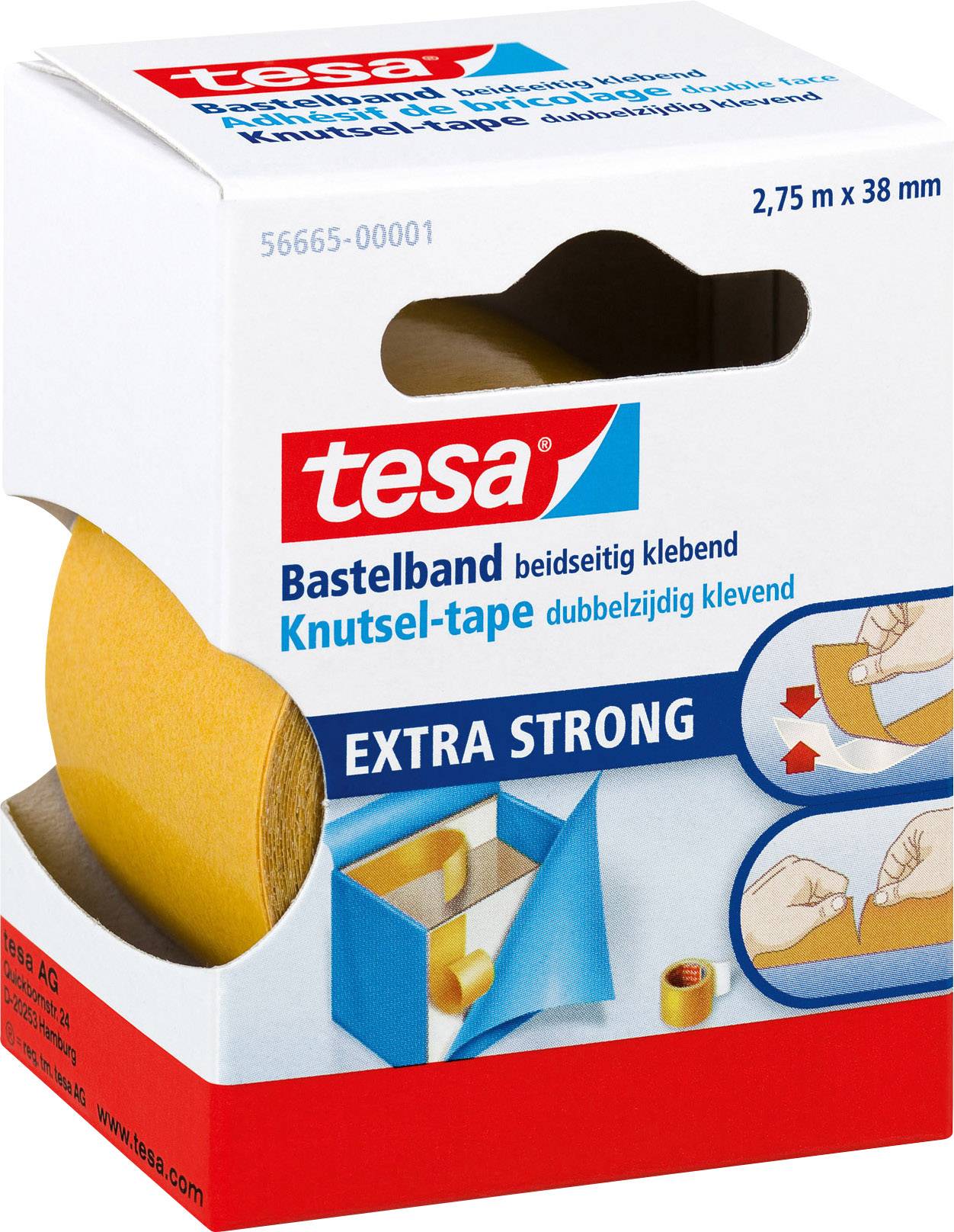 Packaging for 'tesa' double-sided adhesive tape, 2.75 m x 38 mm, extra strong. Shows application examples for craft work.
