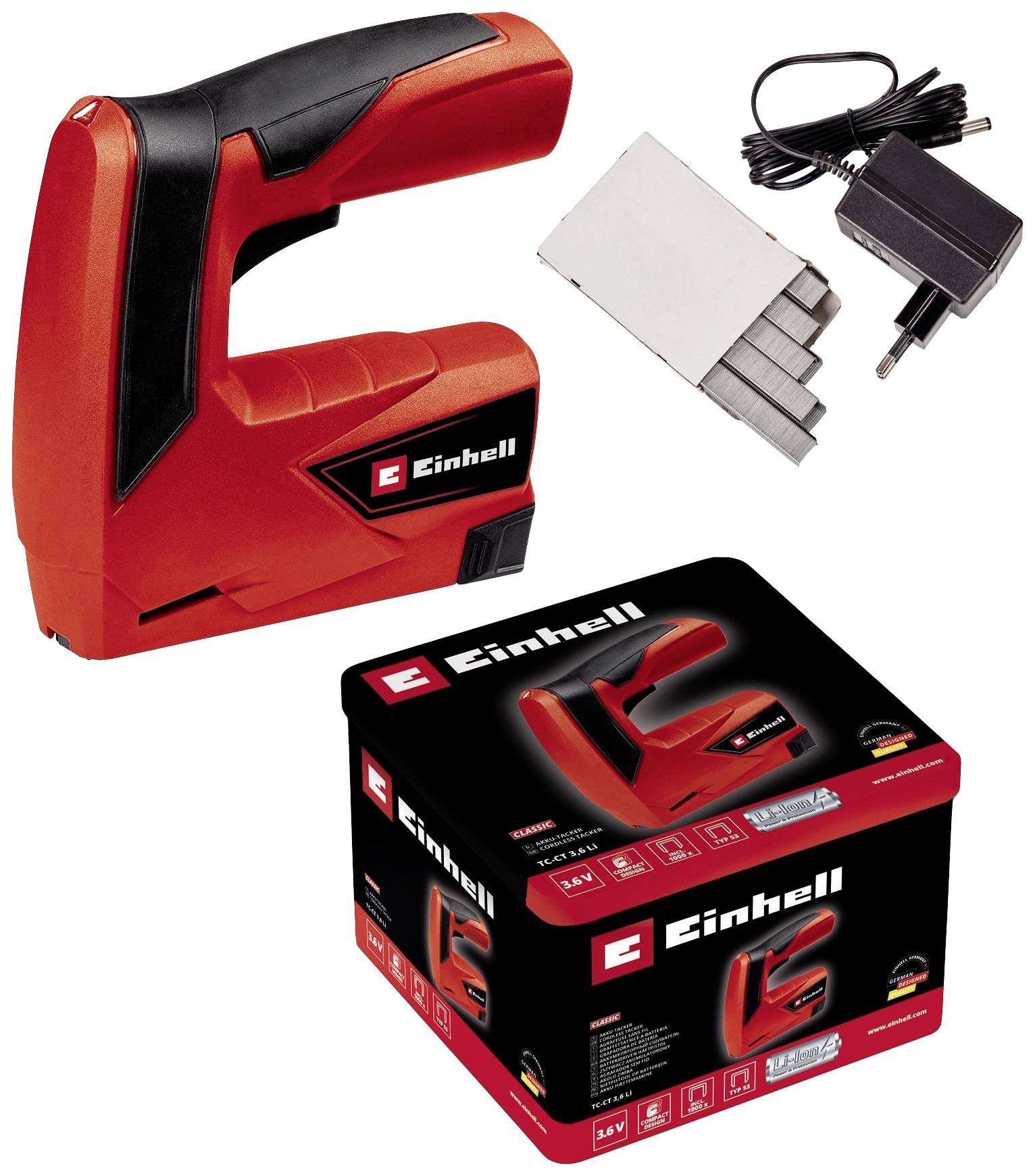 A red electric staple gun by Einhell with a charger and nails. The packaging displays product details and images.