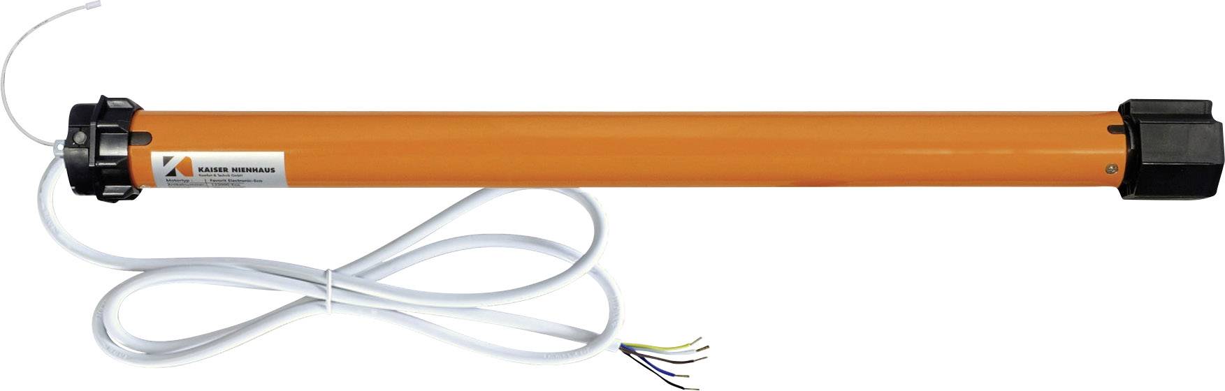 Electric roller shutter motor in an orange tube, with cable and exposed wires, suitable for installation in roller shutter systems.