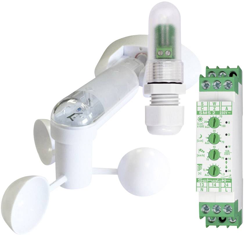 Anemometer with wind vane and electronic control unit; measures wind speed and direction, used in weather stations.