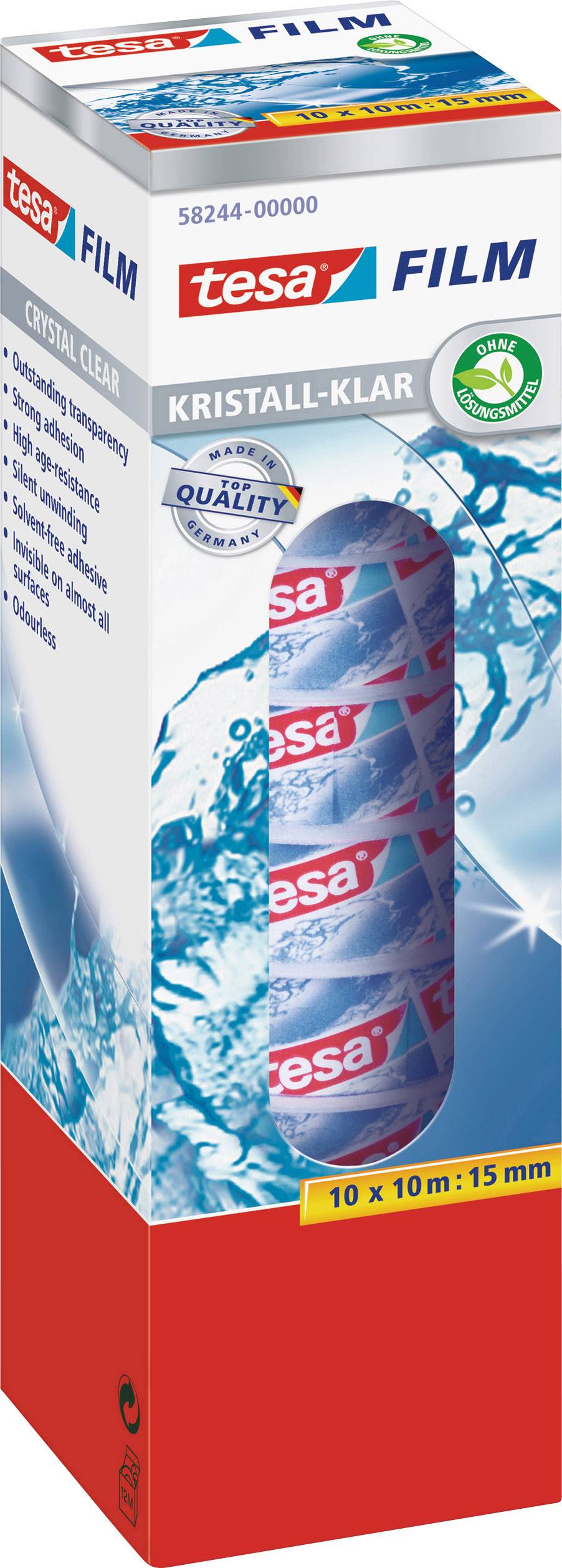 Packaging for Tesa Film, crystal clear, showcasing ten rolls of adhesive tape, emphasising quality and sustainability, with blue and red design.