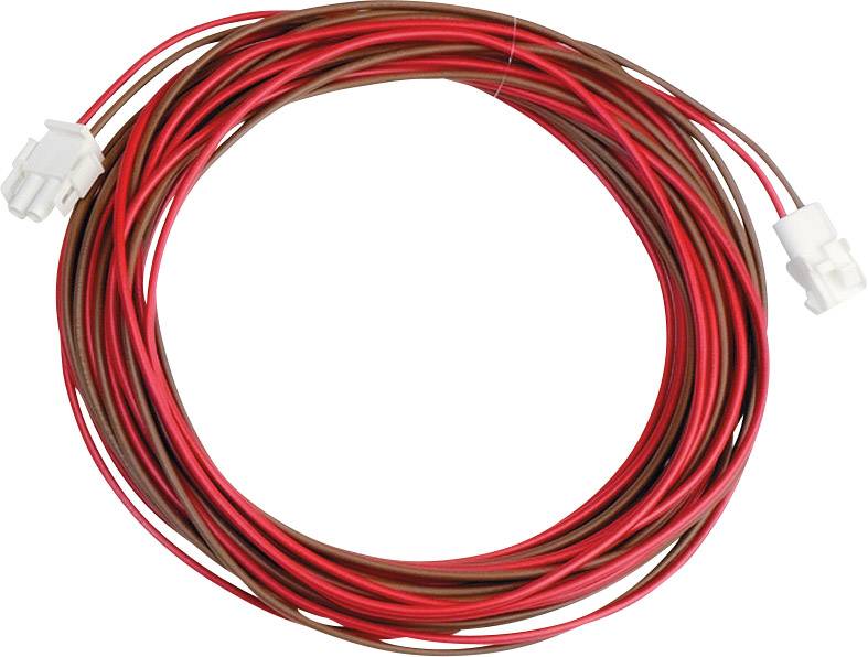 A coiled cable with red and brown wires and white connectors at both ends, used for electrical connections.