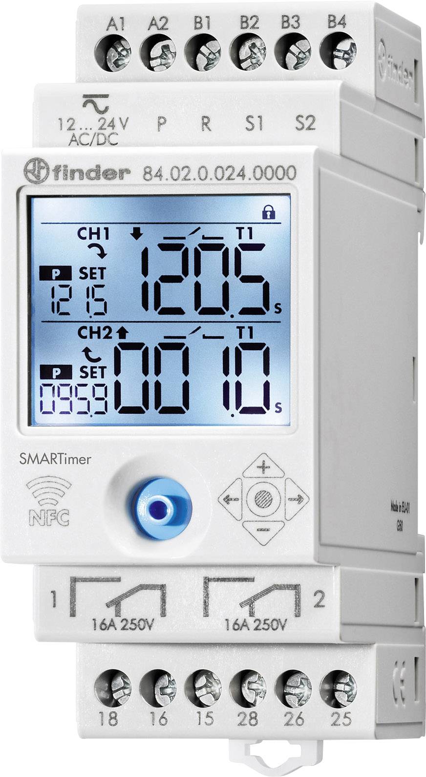 Digital time switch relay with display, showing current time, switching times and symbols. Operating buttons and connections visible.