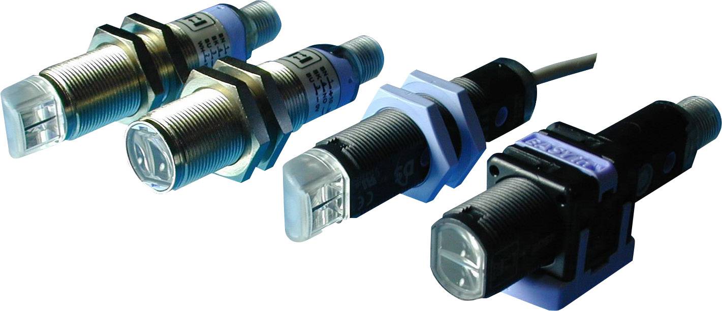 Four cylindrical sensors with transparent ends and threads, connected to a blue cable. They are designed for object detection in industrial applications.