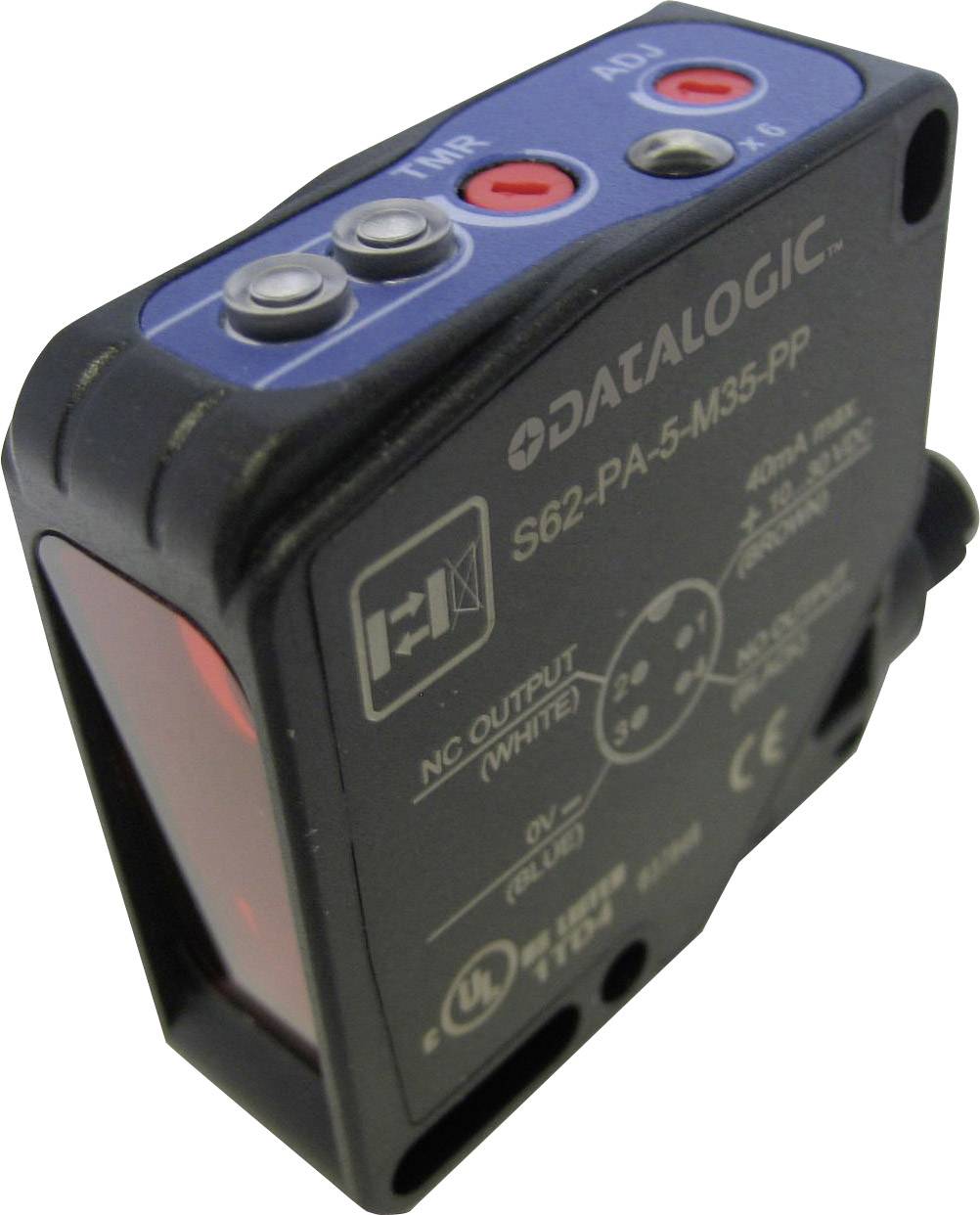 Sensor device by Datalogic with model number S62-PAA-5-M35-PP. Shows operating buttons, LED indicators, and technical specifications on the front panel.