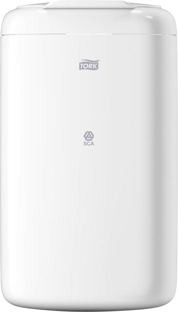 White paper towel dispenser with rounded edges, brand logo at the top. Suitable for wall mounting in toilets or washrooms.