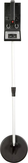 Metal detector with elongated handle, controls on top and circular search coil underneath. Suitable for searching for metal objects.
