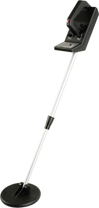 A metal detector with a long, white rod and a round, black disc at the end, for detecting metal objects.