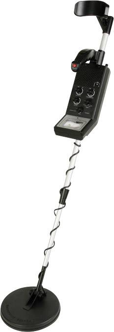 A black metal detector with telescopic pole and controls, suitable for searching for metal objects in the ground.