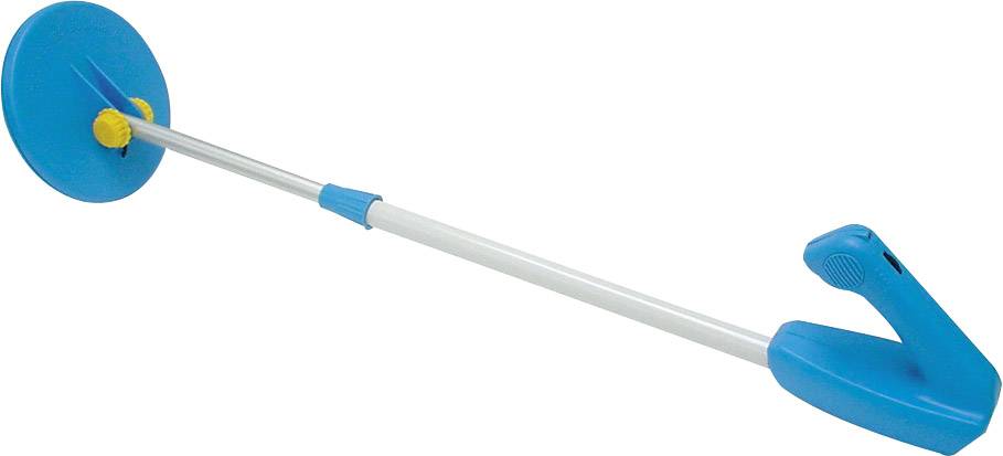 Blue and white metal detector with an ergonomic handle and adjustable shaft, suitable for searching for metal objects in the ground.