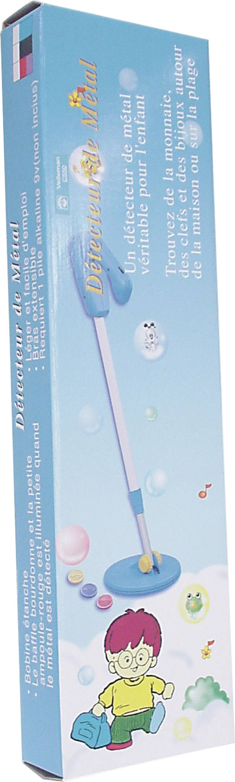 Packaging for a blue metal detector for children, called 'Metal Detector'. With images of coins and a cartoon child.
