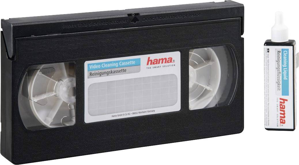 Video head cleaning cassette and cleaning fluid by hama for maintaining video recorders, improving playback quality.