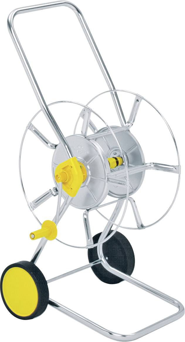Metal hose trolley with yellow wheels and crank handle, suitable for storing and transporting garden hoses.