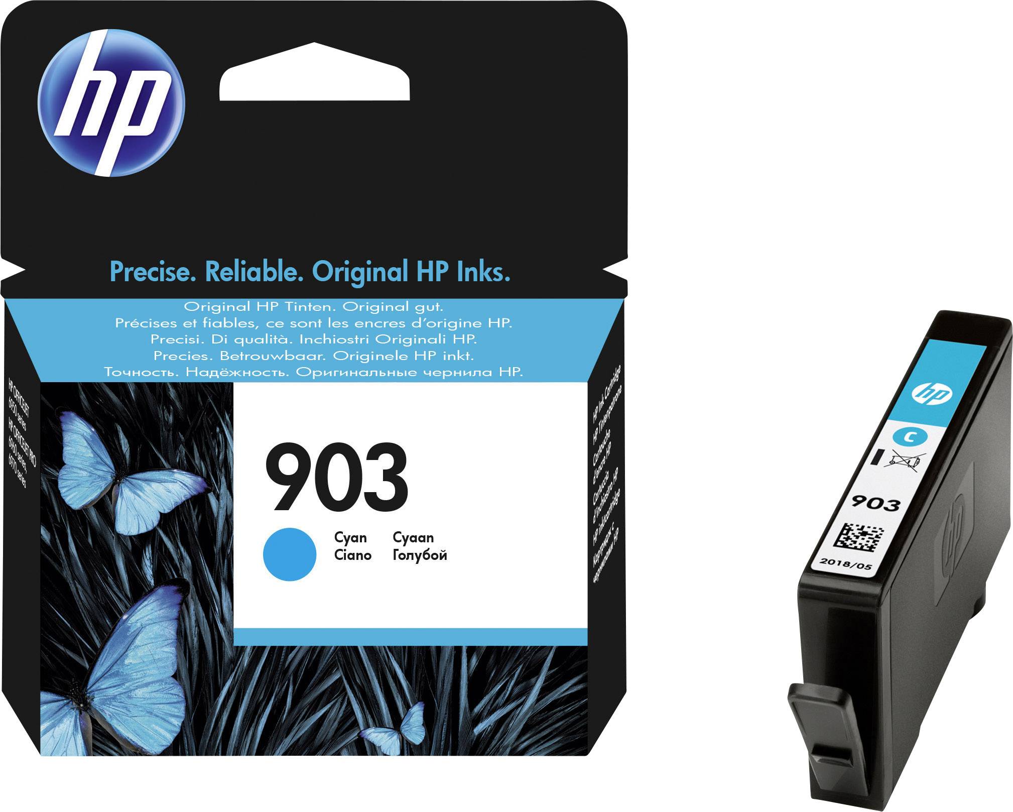 HP 903 Ink Cartridge in Cyan, suitable for specific HP printers, showing packaging with blue butterflies and brand lettering.