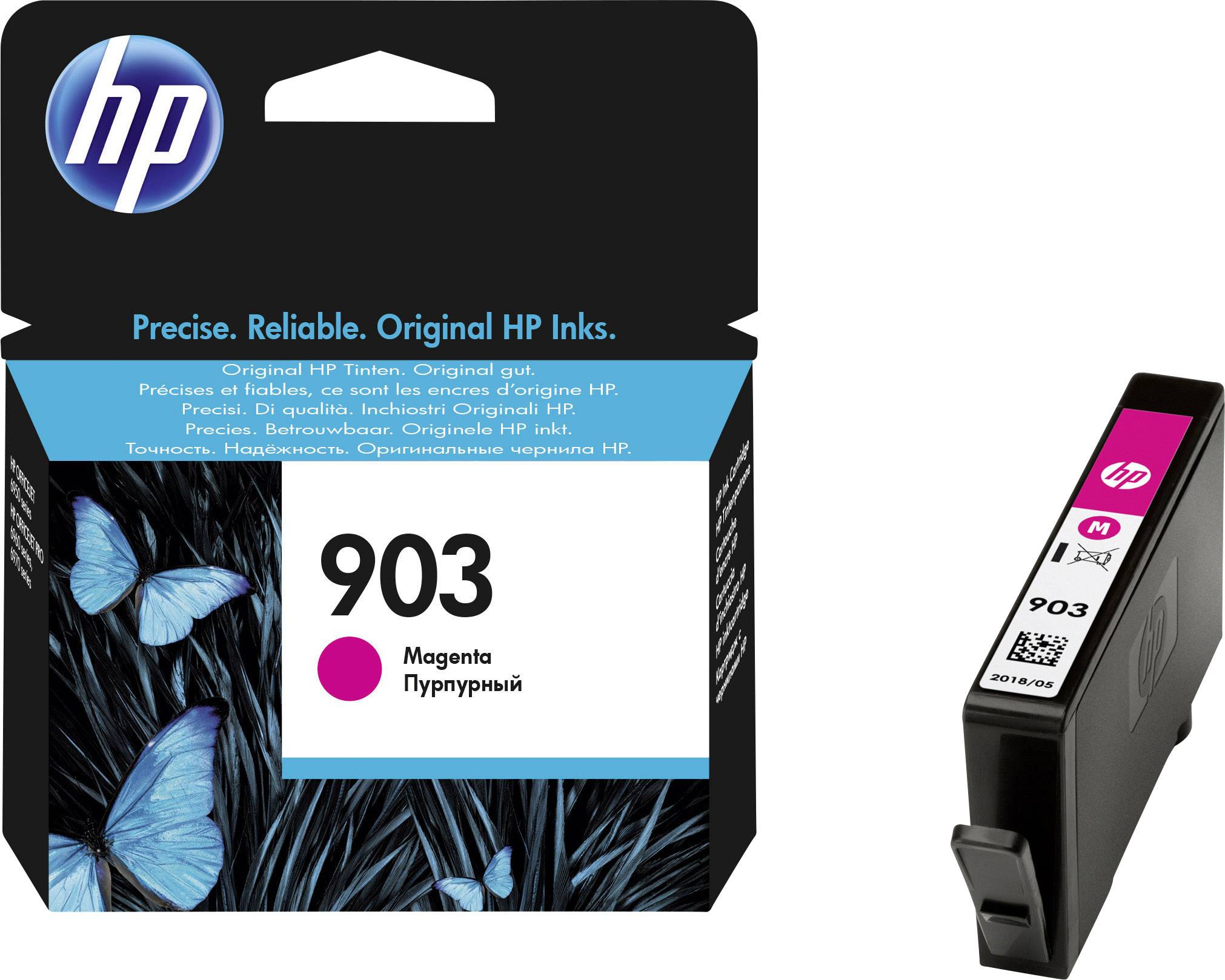 'HP 903 Ink Cartridge' with black cartridge and packaging featuring butterflies. Text on packaging: 'Precise. Reliable. Original HP Inks.'