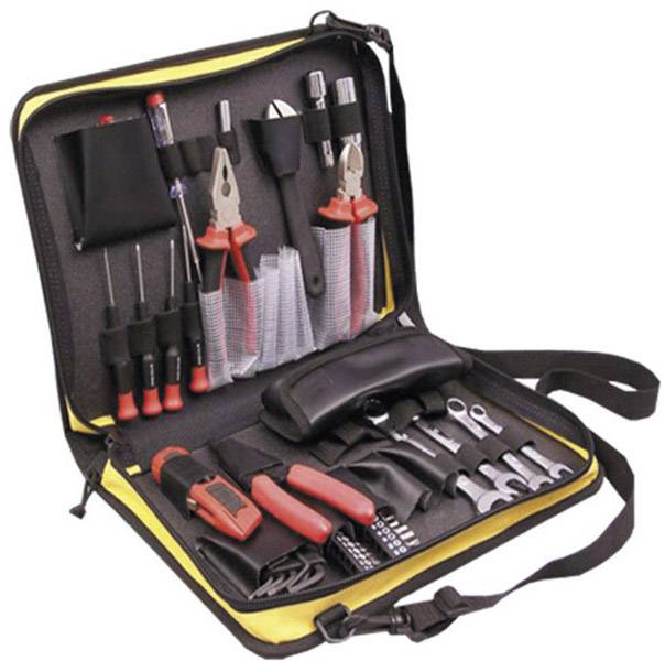 An opened tool set with screwdrivers, pliers, spanners and a multimeter, all organised in a case.
