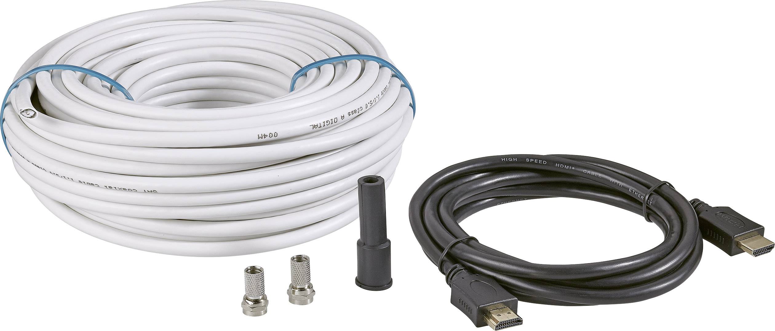 A white coaxial cable, two F-connectors, a grommet and a black HDMI cable. Cable accessories for connection purposes.