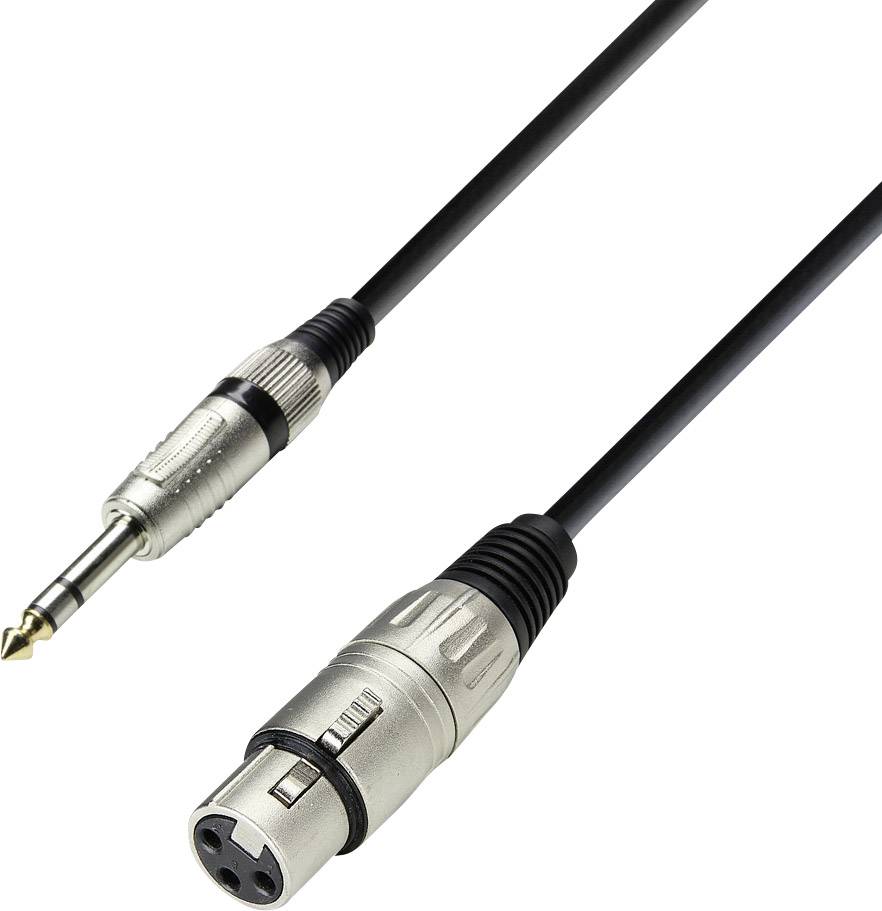 A black audio cable with a jack plug at one end and an XLR connector at the other end against a white background.