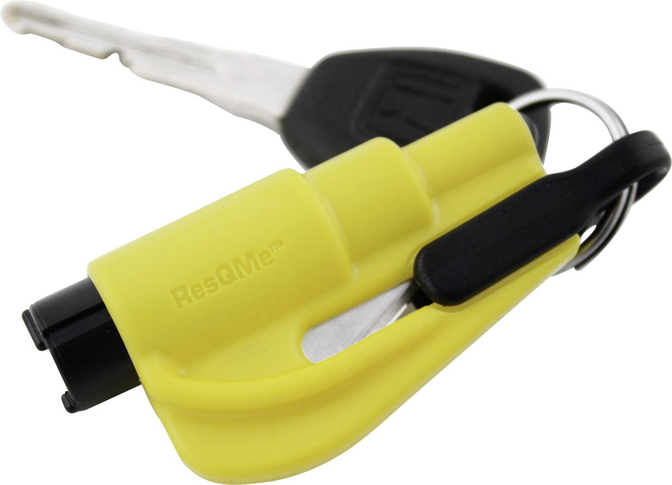 A yellow emergency belt cutter and glass breaker attached to a key ring. It can be used in the car during emergencies.