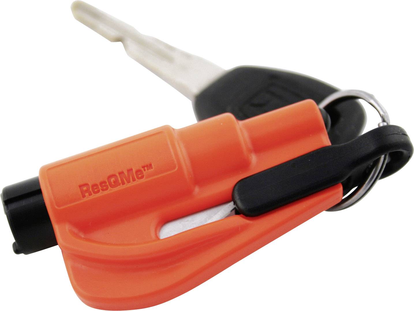 An orange car key fob with a rescue tool for breaking glass and cutting seatbelts, attached to a car key.