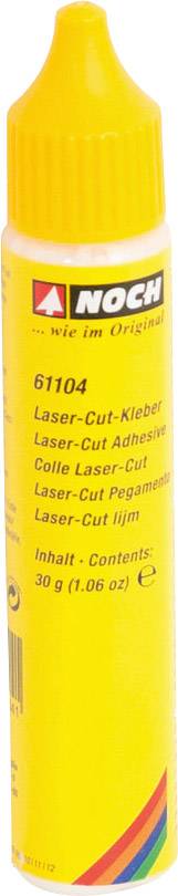 Yellow bottle of the Noch brand with the inscription 'Laser-Cut Adhesive'. Contains 30 g of adhesive.