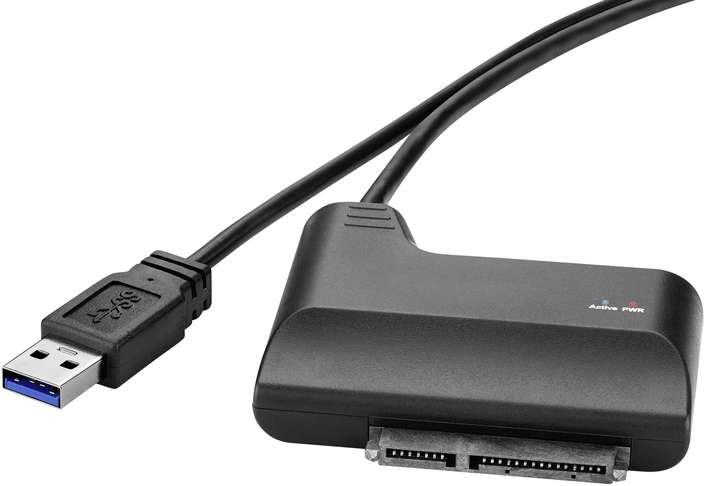 External USB adapter for SATA devices, with blue USB connection and SATA interface for connecting external hard drives.