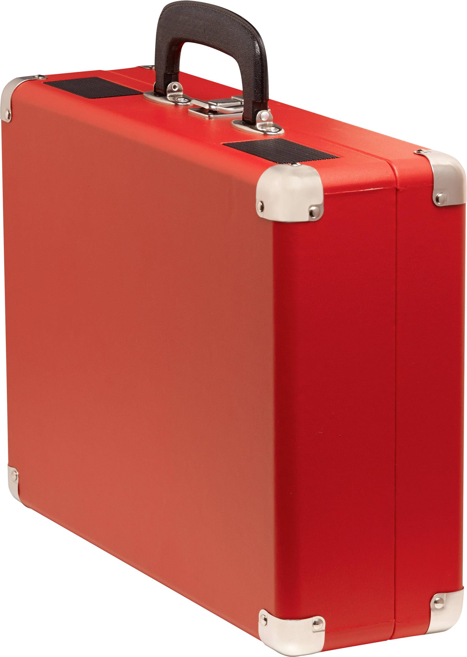 A red suitcase with a black handle, reinforced corners and silver metal edging.