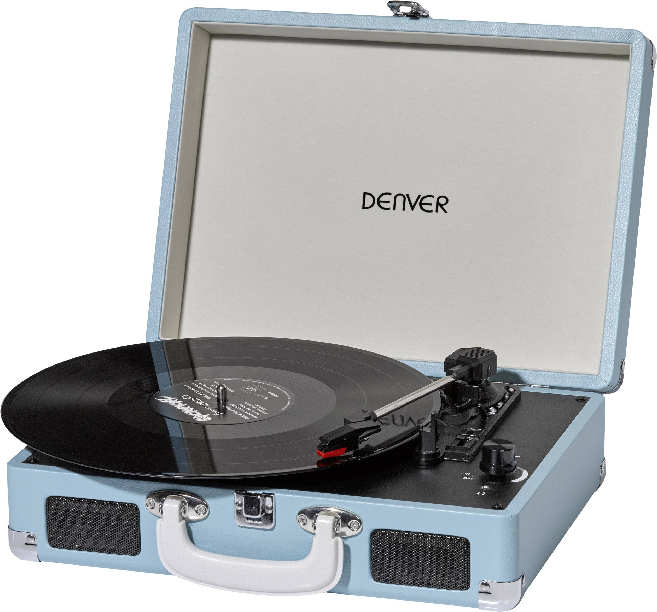 Portable, blue record player with open lid and record placed on the turntable, ready to play.