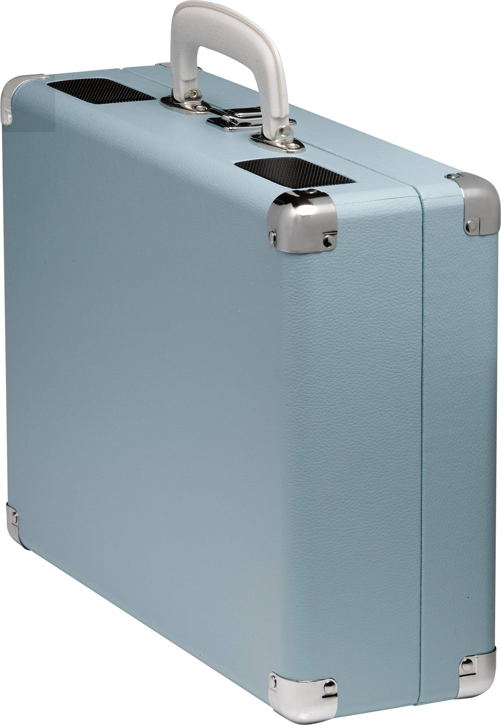 A light blue suitcase with silver corner reinforcements and a handle.