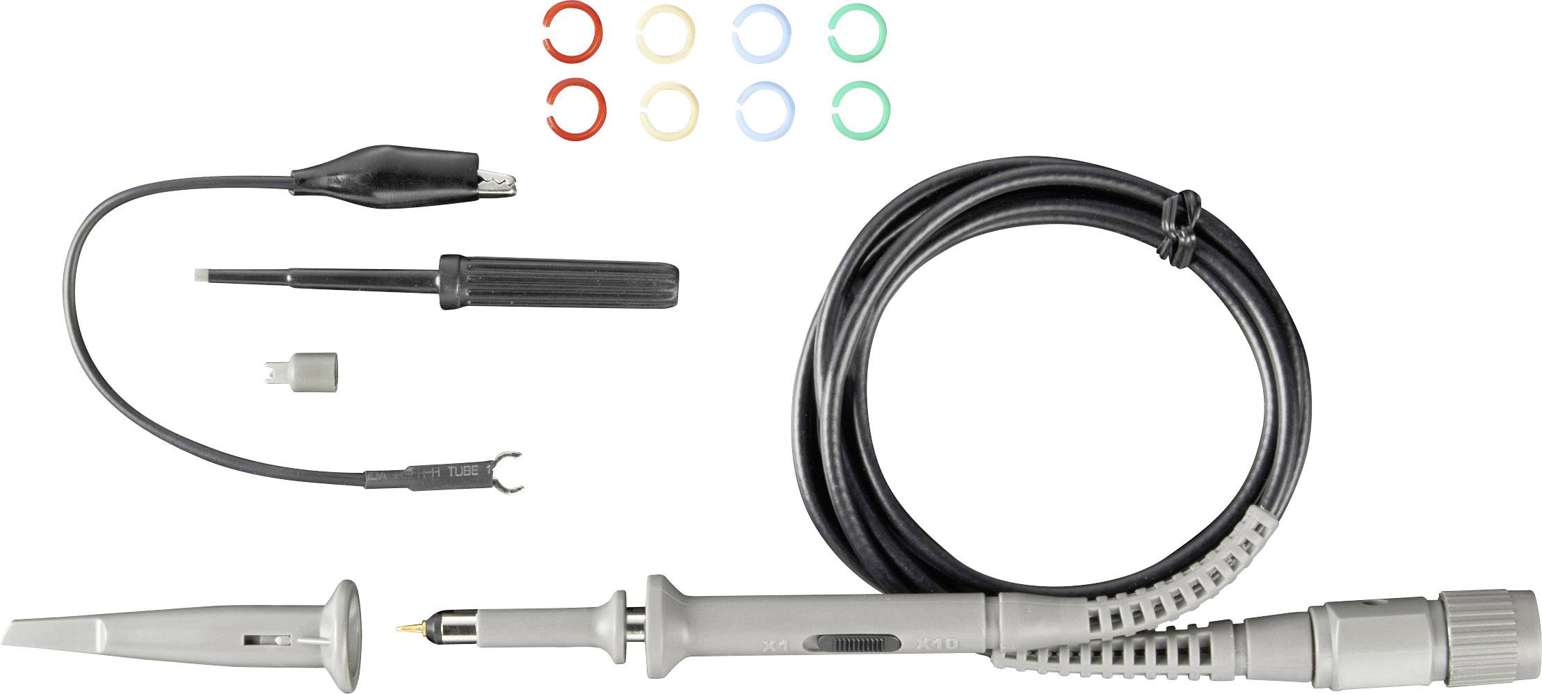 Oscilloscope probe with cable, various adapters and coloured marking rings, for precise electrical measurement.