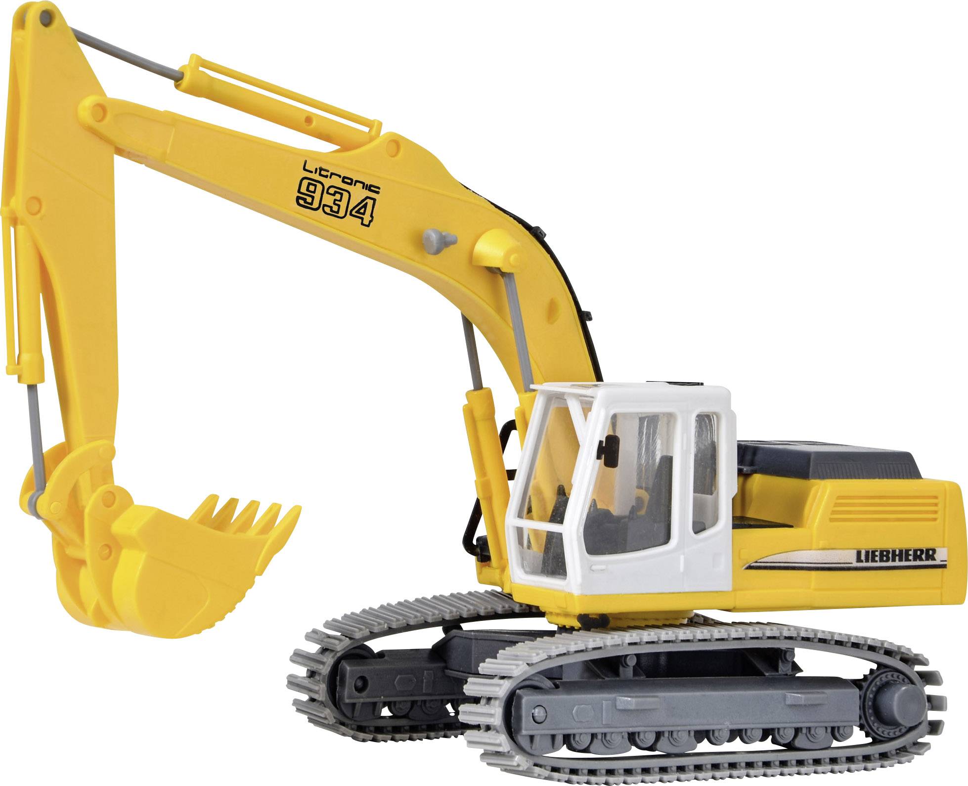 A yellow toy model of a digger with caterpillar tracks and a movable arm.