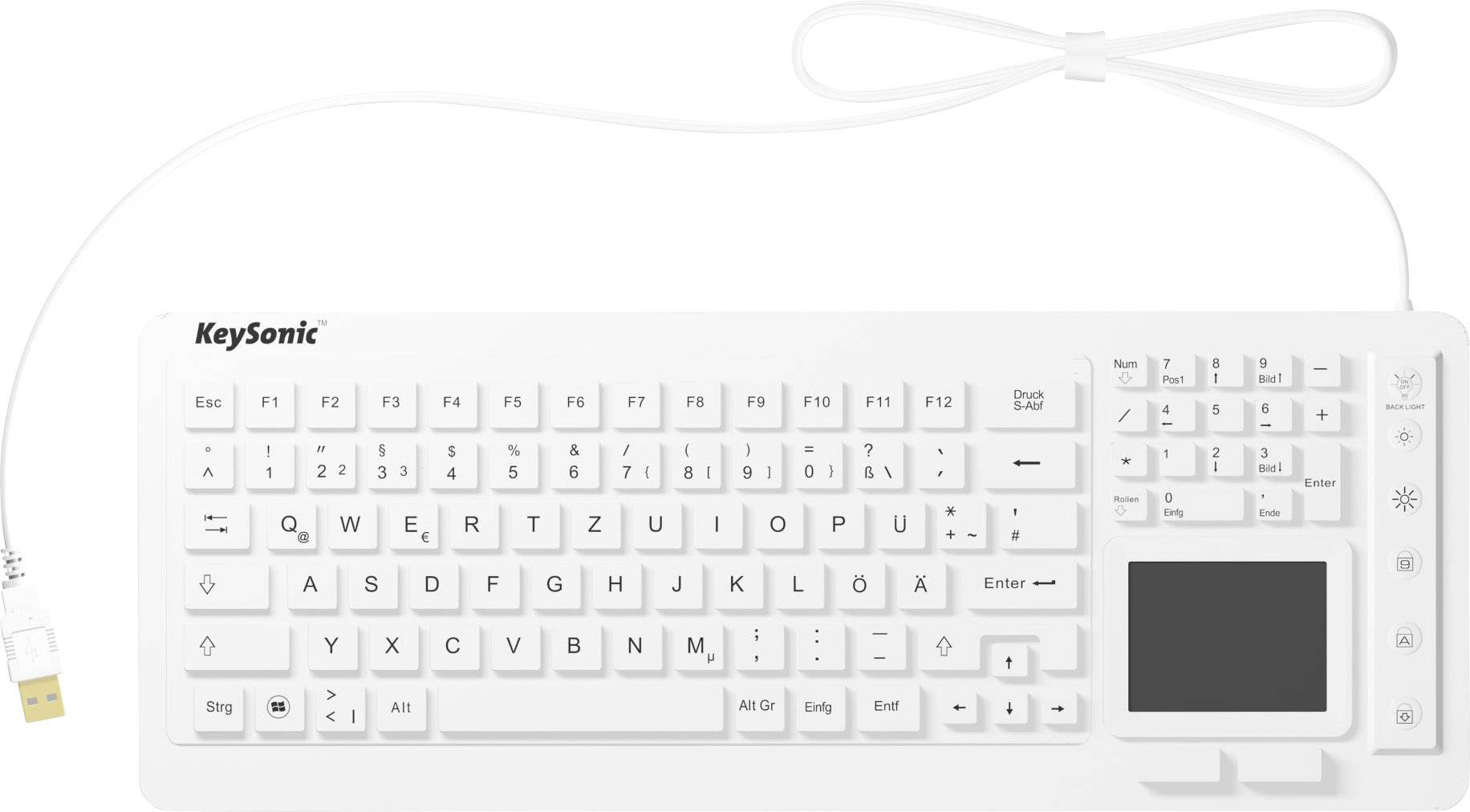 Keysonic KSK-6231 INEL (DE) USB Keyboard German, QWERTZ White Silicone cover, Water-proof (IPX7), Backlit, Built-in touchpad