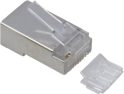 RJ45 plug without casing with a removable plastic part. Used for Ethernet network connections.