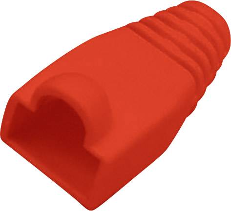 A red RJ45 connector cover that protects cables and improves grip is shown. Suitable for network cables in IT applications.