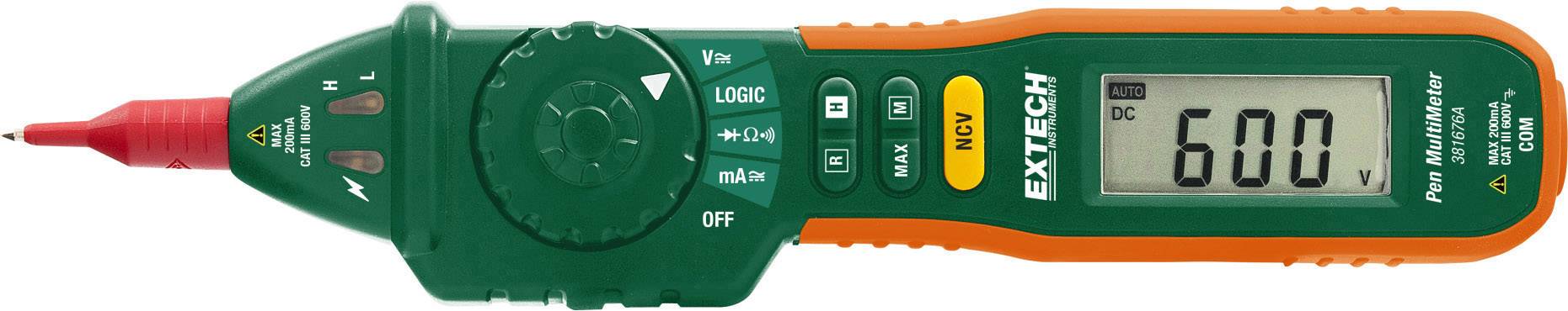 Multimeter with a green-orange casing, red test lead, and digital display showing '600'. Manages voltage measurements.