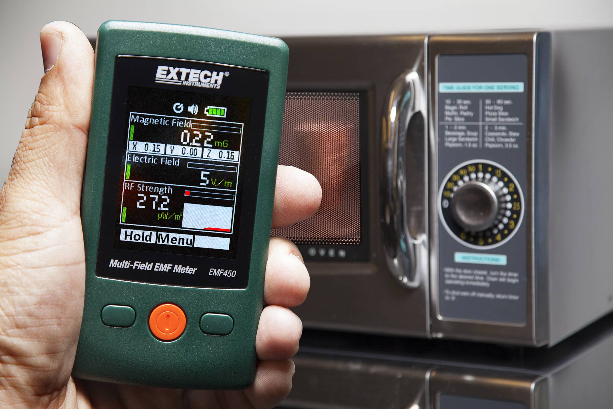 A person is holding an EMF meter in front of a microwave. The device is displaying electrical and magnetic field values.