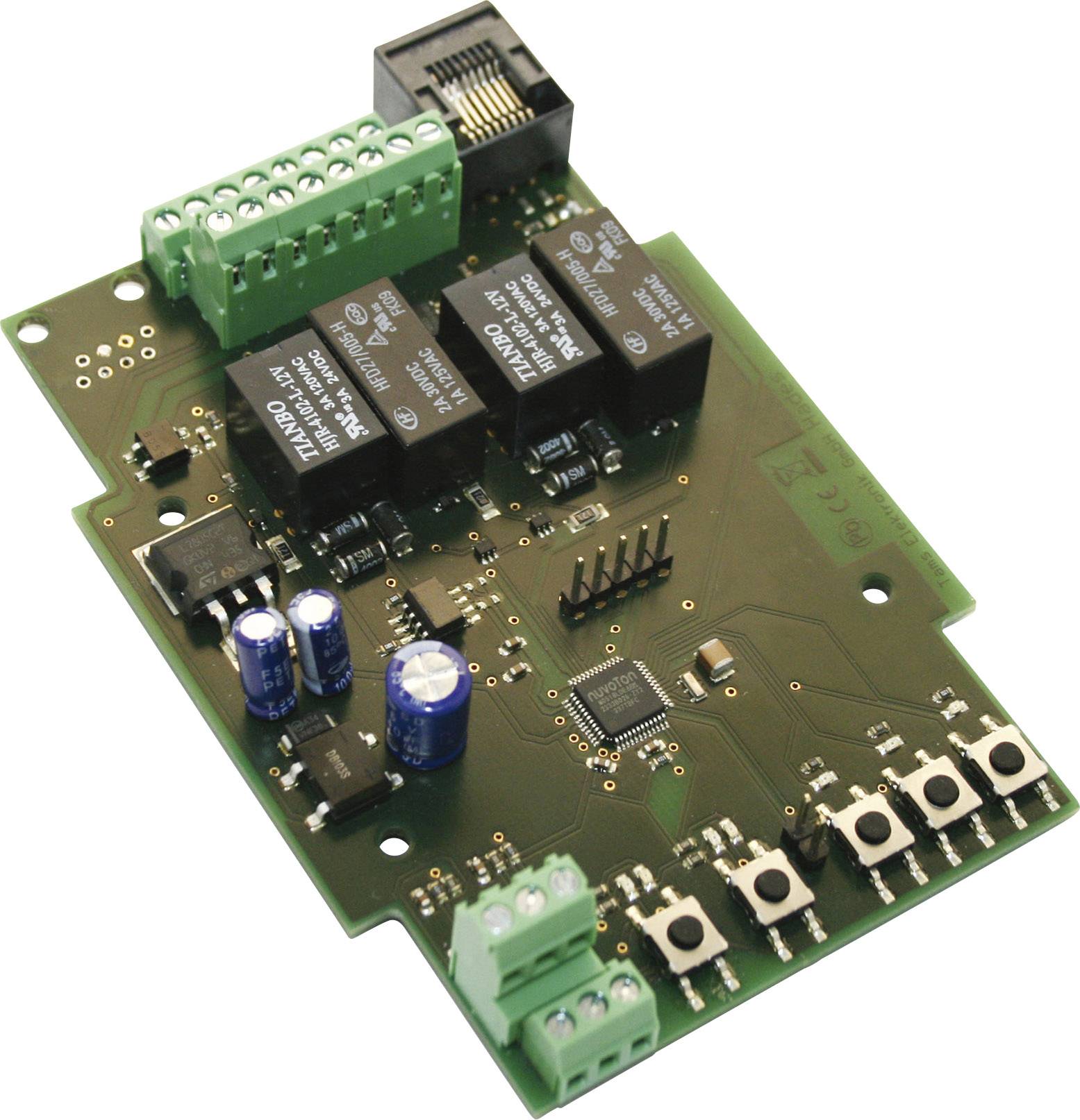 A green printed circuit board with multiple capacitors, resistors, and buttons. An Ethernet port at the top, with green terminal blocks on the left.