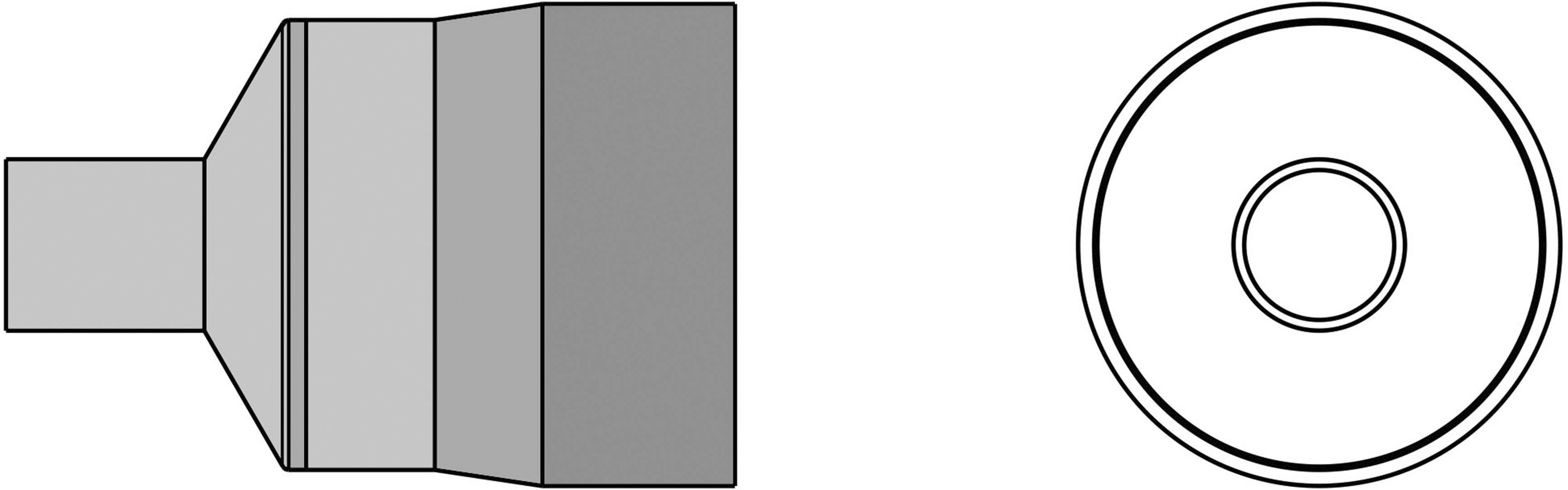 A technical drawing shows a cylindrical nozzle from the side and from above. On the left is the side view, on the right is the top view.
